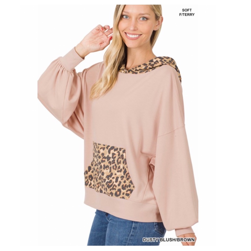 💕Soft French terry leopard hoodie top Size L